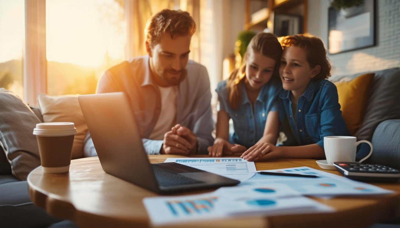 famiglia che redige bilancio familiare con laptop e fogli su un tavolino